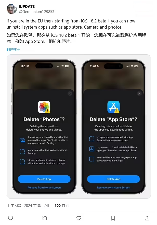 商城苹果手机维修分享iOS 18.2 支持删除 App Store 应用商店 