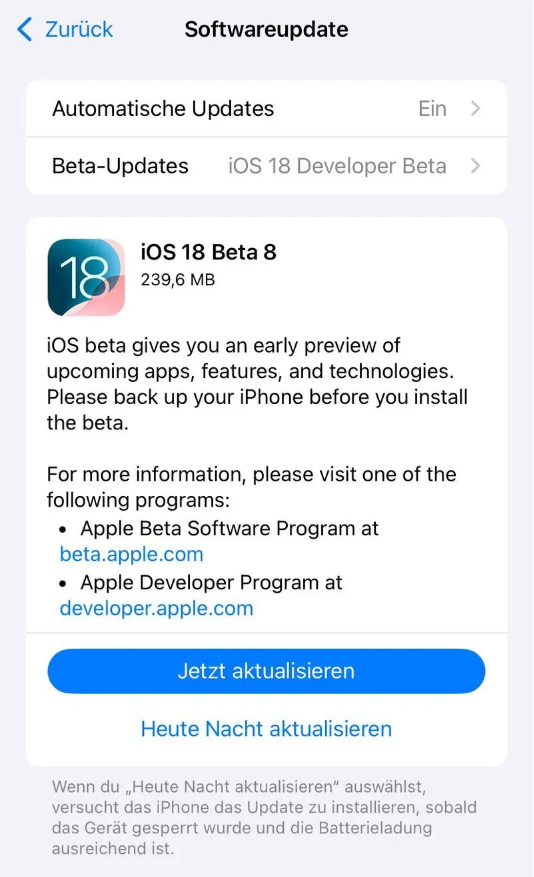 商城苹果手机维修分享苹果 iOS / iPadOS 18 开发者预览版 Beta 8 发布 